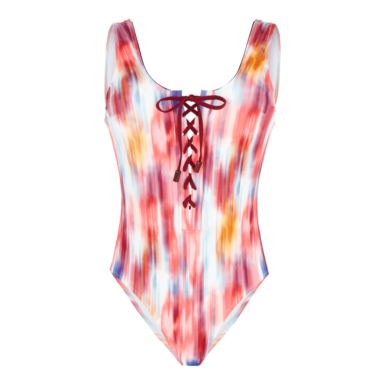 Women Lace-up One-piece Swimsuit Ikat Flowers - Fox - Multi
