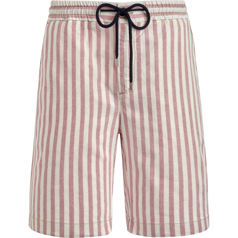 Bermuda Short En Coton Et Lin Rayé Homme - Levant - Rose