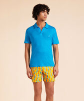 Polo en jersey de lin homme uni Bleu hawai vue portée de face