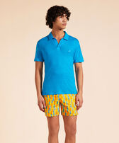 Men Linen Jersey Polo Shirt Solid Hawaii blue front worn view