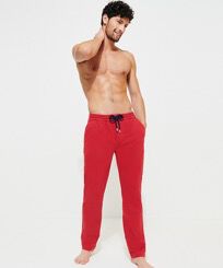 Men Gabardine Elastic Waist Pants Red front worn view