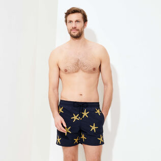 Men Swim Trunks Placed Gold Embroidery Starfish Dance - Limited Edition Navy front worn view