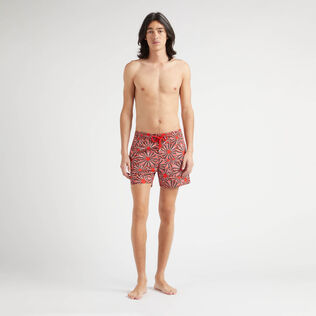 Men Stretch Short Swim Trunks Oursinades Poppy red front worn view
