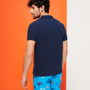 Men Organic Cotton Pique Polo Shirt Solid Navy back worn view