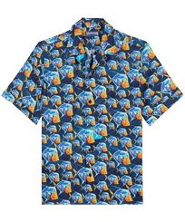 Piranhas Bowling-Hemd aus Leinen für Herren Marineblau Vorderansicht