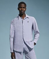 Men Striped Seersucker Shirt Jeans blue front worn view