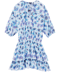 Women Short Ruffles Cotton Dress Flash Flowers Purple blue front view