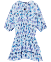 Kurzes Flash Flowers Rüschenkleid aus Baumwolle für Damen Purple blue Vorderansicht
