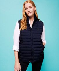 Doudoune sans manches Réversible Unisexe Blurred Turtles Bleu marine vue portée de face femme