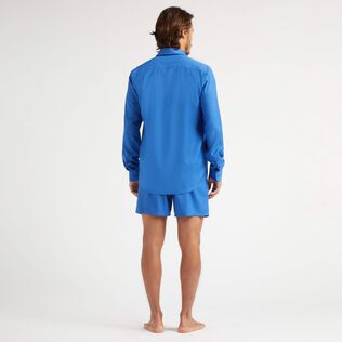 Men Wool Shirt Solid Blu mare vista indossata posteriore