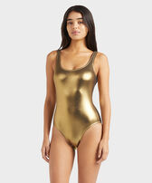 Metalic Tank-Badeanzug für Damen Gold Vorderseite getragene Ansicht