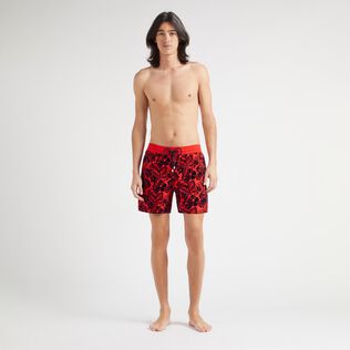 Men Swim Shorts Flocked Flowers Poppy red front worn view