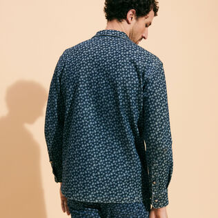 Micro Turtles Corrosion Printed Denim Men Jacket Dark denim w1 back worn view