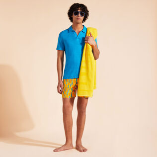 Polo en jersey de lin homme uni Bleu hawai vue de détail 1