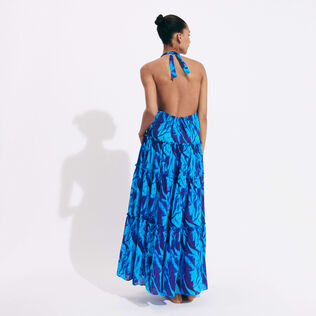 Vestito donna lungo in cotone con spalle scoperte Les Draps Froissés Blu nettuno vista indossata posteriore