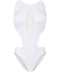 女士纯色三点式图案连体泳装 White 正面图