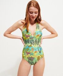 Women Halter One-Piece Swimsuit Jungle Rousseau Ginger front worn view