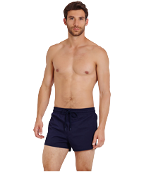 Men Swim Trunks Short and Fitted Stretch Solid Navy front worn view