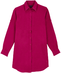 Women Linen Shirt Dress Solid Crimson purple front view