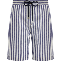 Men Striped Cotton Linen Bermuda Shorts Midnight front view
