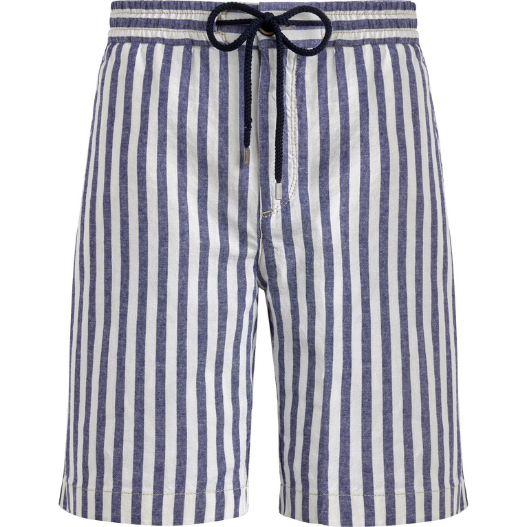 Men Striped Cotton Linen Bermuda Shorts - Levant - Blue