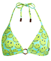 Damen Fitted Bedruckt - Smiley Turtles – Vilebrequin x Smiley® Neckholder-Bikinioberteil für Damen, Lazulii blue Vorderansicht