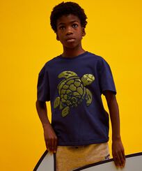 T-shirt bambino in cotone Ronde des Tortues Camo Blu marine vista frontale indossata