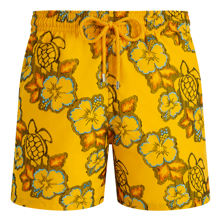 Vilebrequin Men Swim Shorts Embroidered Hibiscus - Swimming Trunk - Mistral - Yellow - Size L