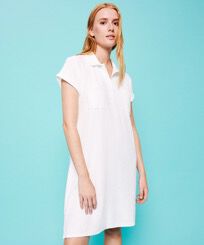 Women Terry Polo Dress Solid Chalk front worn view