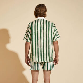 Men Linen Bowling Shirt HS Stripes - Vilebrequin x Highsnobiety Garden back worn view