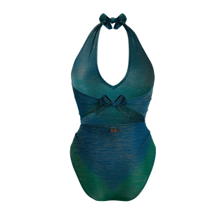 Women Low cut to tie One-piece Swimsuit Rainbow Disco green 后视图