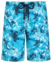 Men Long Swim Trunks Starlettes and Turtles Tie and Dye Azure front view