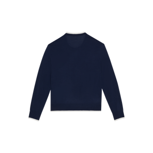 Men Merino Wool Cashmere Silk Crewneck Sweater Navy back view