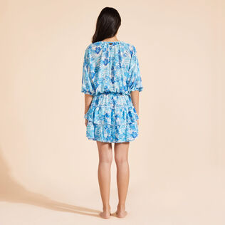 Vestido corto con volantes y estampado Tahiti Flowers para mujer Blanco vista trasera desgastada