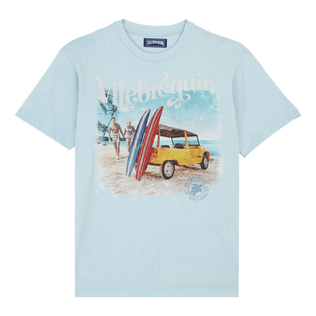 Men Cotton T-Shirt Surf and Mini Moke Sky blue front view