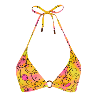 Mujer Fitted Estampado - Top de bikini anudado al cuello con estampado Monsieur André para mujer - Vilebrequin x Smiley®, Limon vista frontal