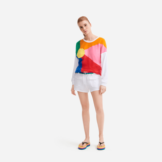 女士纯色亚麻百慕大短裤 - Vilebrequin x JCC+ 合作款 - 限量版 White 正面穿戴视图