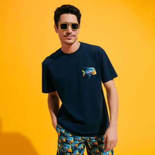 T-shirt coton organique homme Piranhas brodé Bleu marine vue de détail 3