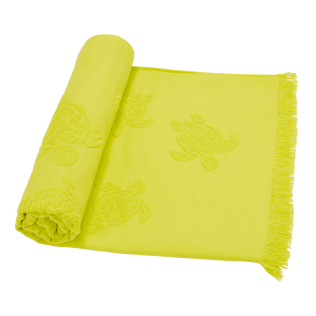 Toalla de playa en algodón orgánico Turtles Jacquard Jengibre vista frontal desgastada