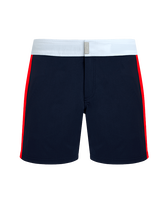 Men Stretch Swim Shorts Flat Belt Color Block Navy 正面图
