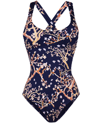 Bañador de una sola pieza con estampado Sweet Blossom para mujer Azul marino vista frontal
