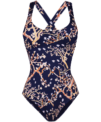 Sweet Blossom Badeanzug für Damen Marineblau Vorderansicht