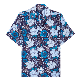 Camisa de bolos de ramio con estampado Tropical Turtles para hombre Midnight vista frontal