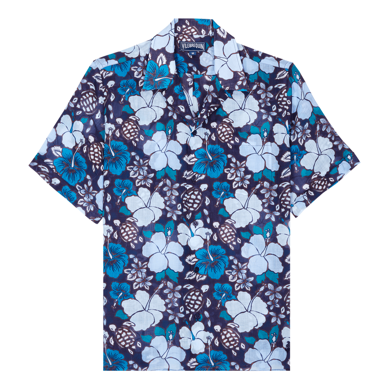 Men Bowling Ramie Shirt Tropical Turtles - Charli - Blue - Size XL - Vilebrequin