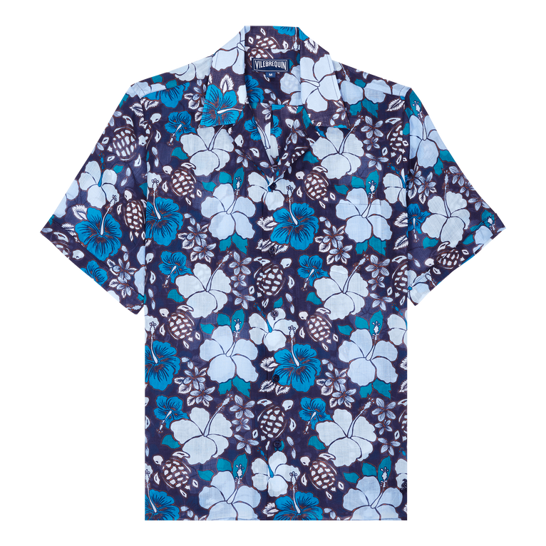 Men Bowling Linen Shirt Tropical Turtles - Charli - Blue