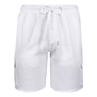 Bermudas tipo cargo en lino de color liso para hombre Blanco vista frontal