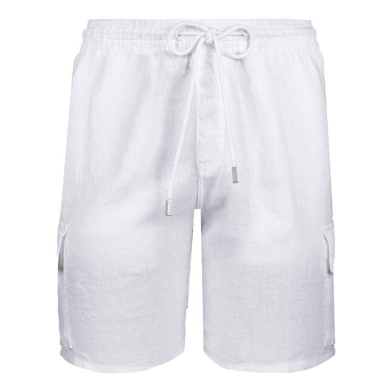 Men Linen Bermuda Shorts Cargo Pockets - Baie - White