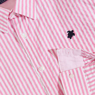 Camicia uomo a righe in seersucker Rosa caramella dettagli vista 2