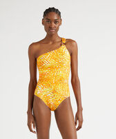Bañador de una pieza con un solo tirante y estampado Palm Leaves para mujer Mango vista frontal desgastada