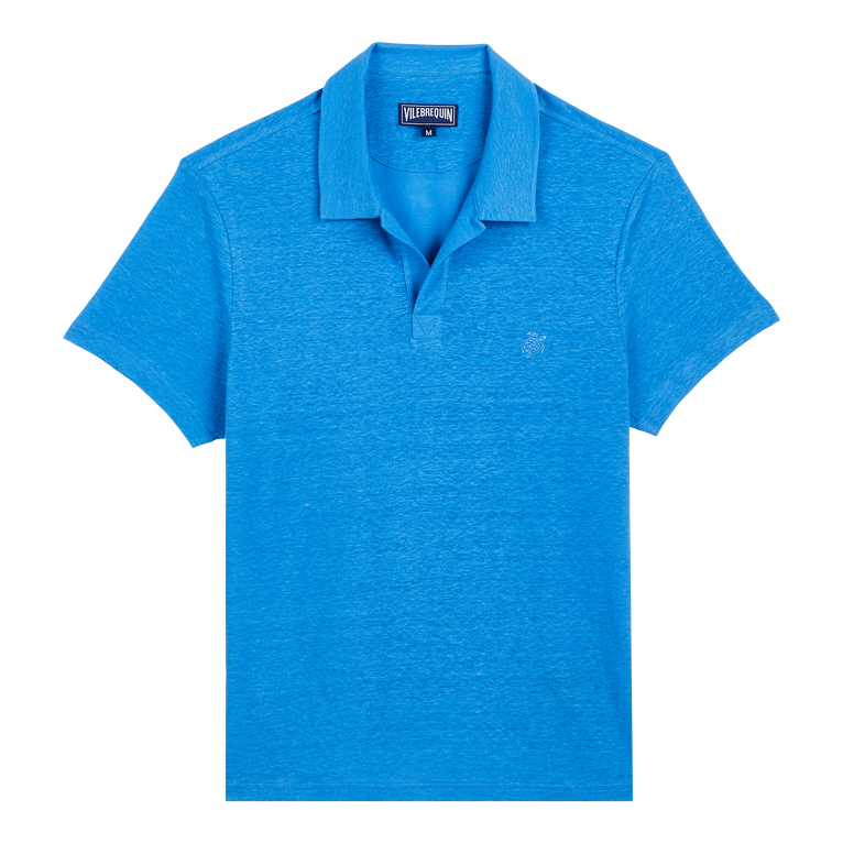 Men Linen Jersey Polo Shirt Solid - Polo - Pyramid - Blue - Size XL - Vilebrequin